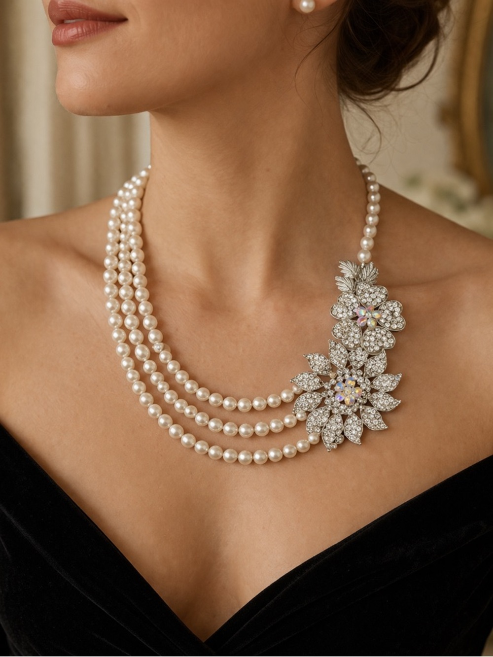 Vintage 1950s Triple Strand Faux Pearl Rhinestone Floral Statement Necklace - Picture 1 of 8